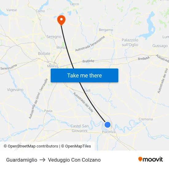 Guardamiglio to Veduggio con Colzano map