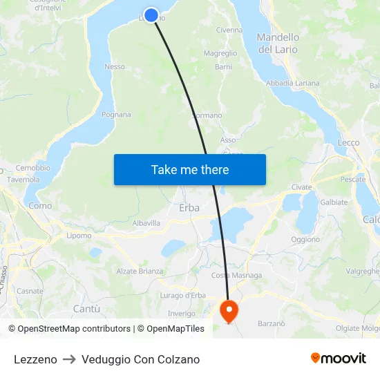 Lezzeno to Veduggio con Colzano map