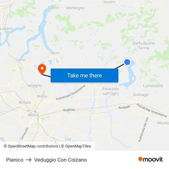 Pianico to Veduggio con Colzano map
