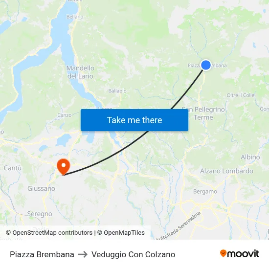 Piazza Brembana to Veduggio con Colzano map