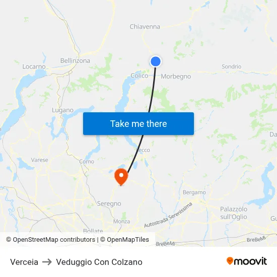 Verceia to Veduggio Con Colzano map
