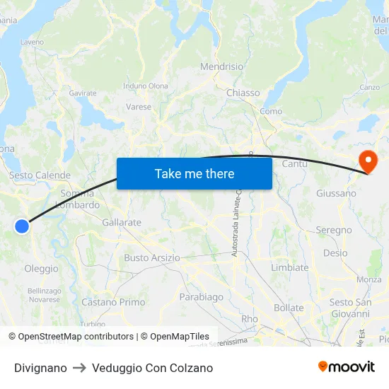 Divignano to Veduggio con Colzano map