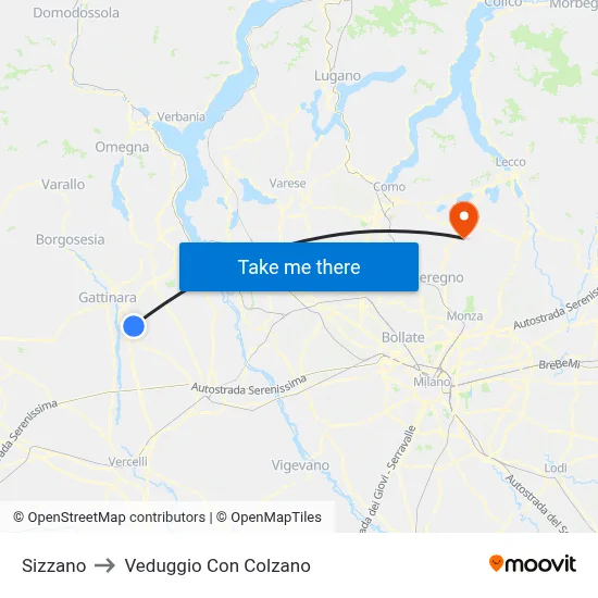 Sizzano to Veduggio Con Colzano map