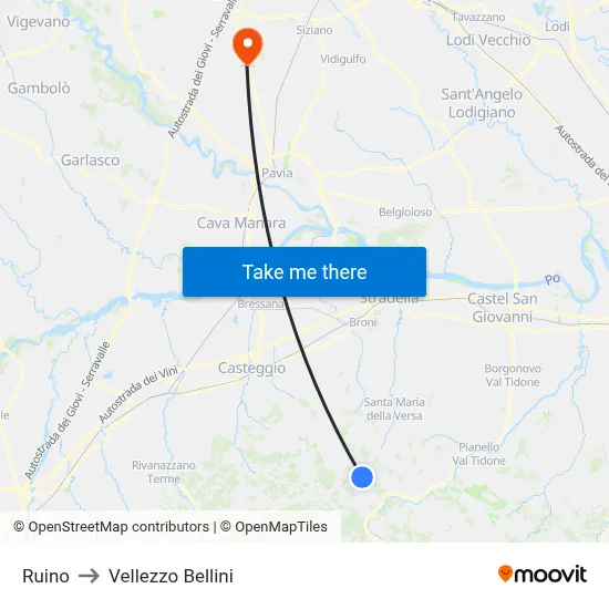 Ruino to Vellezzo Bellini map