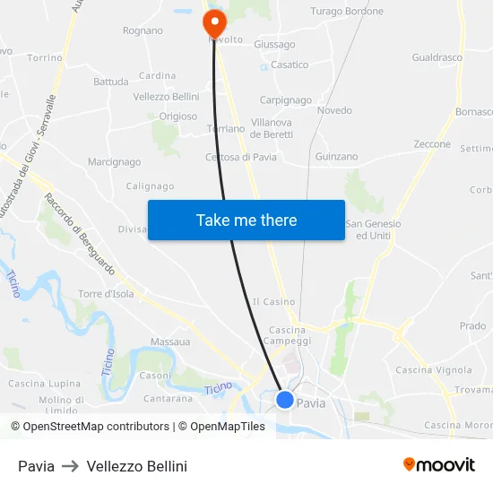 Pavia to Vellezzo Bellini map