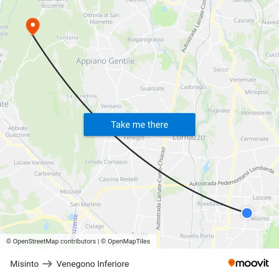 Misinto to Venegono Inferiore map