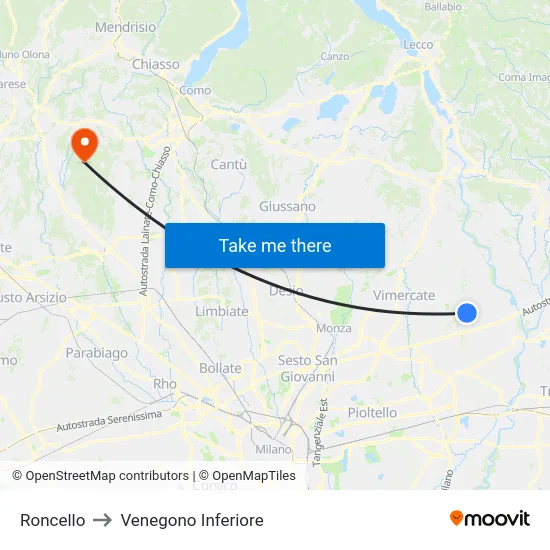 Roncello to Venegono Inferiore map