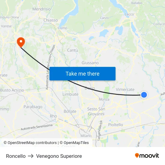 Roncello to Venegono Superiore map