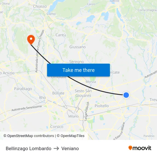 Bellinzago Lombardo to Veniano map