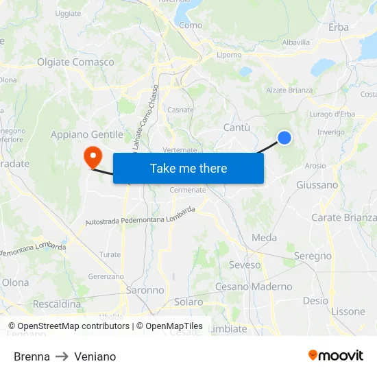 Brenna to Veniano map