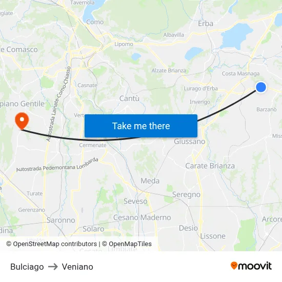 Bulciago to Veniano map