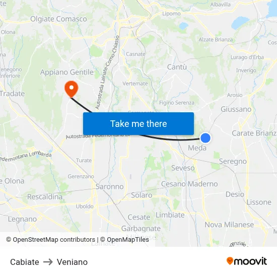 Cabiate to Veniano map