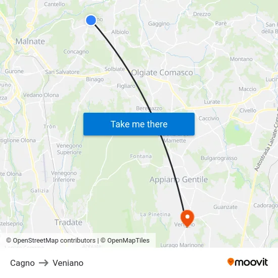 Cagno to Veniano map