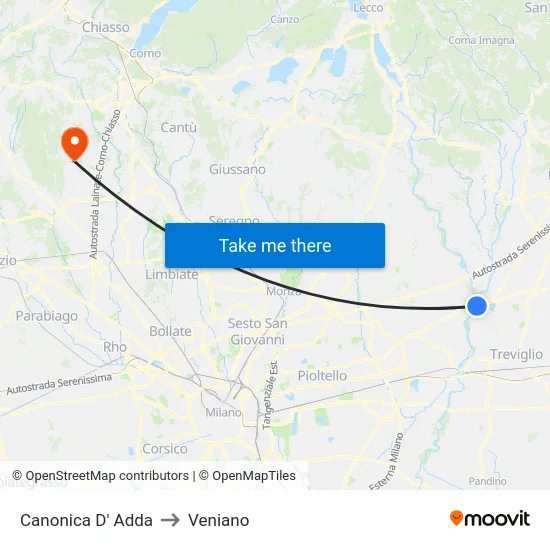 Canonica D' Adda to Veniano map