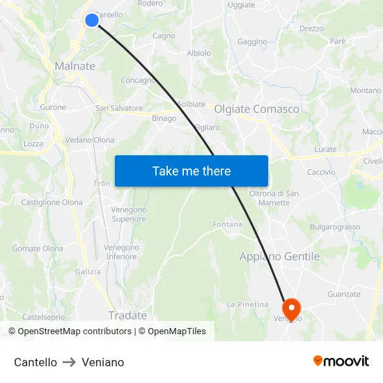 Cantello to Veniano map