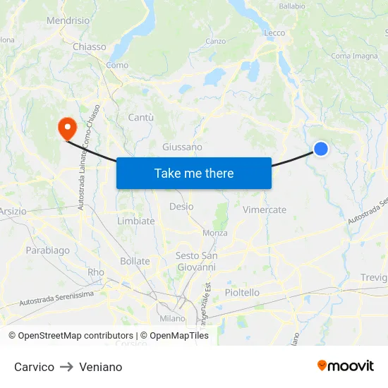 Carvico to Veniano map