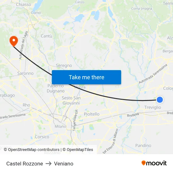 Castel Rozzone to Veniano map