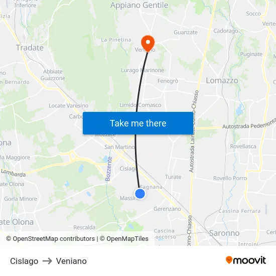 Cislago to Veniano map