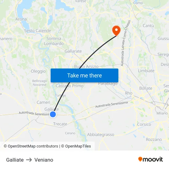 Galliate to Veniano map