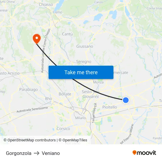 Gorgonzola to Veniano map