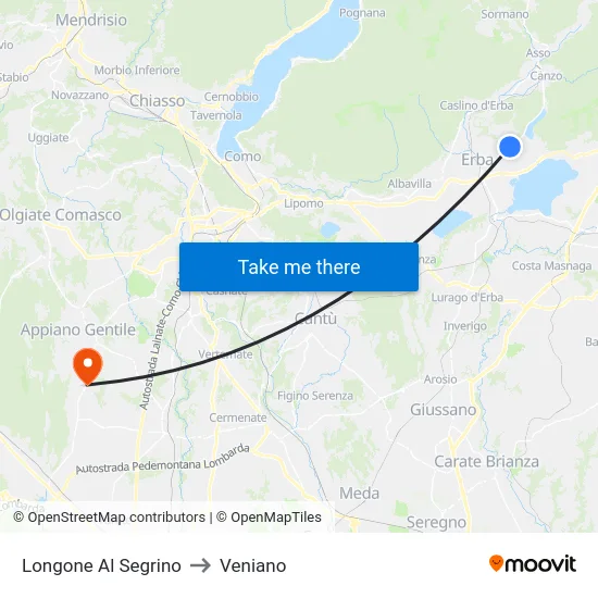 Longone Al Segrino to Veniano map