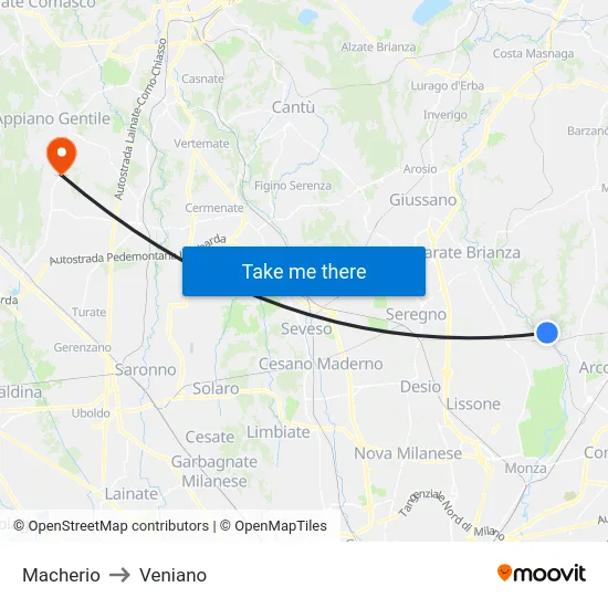 Macherio to Veniano map
