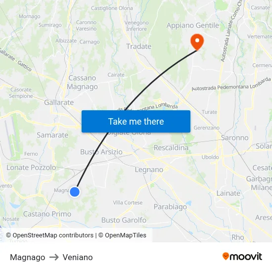 Magnago to Veniano map