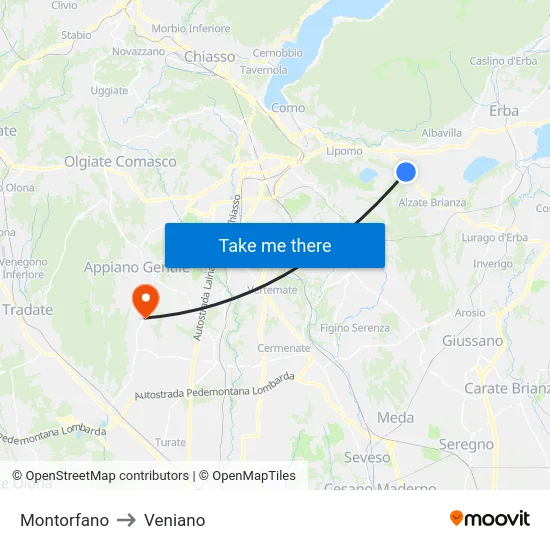 Montorfano to Veniano map