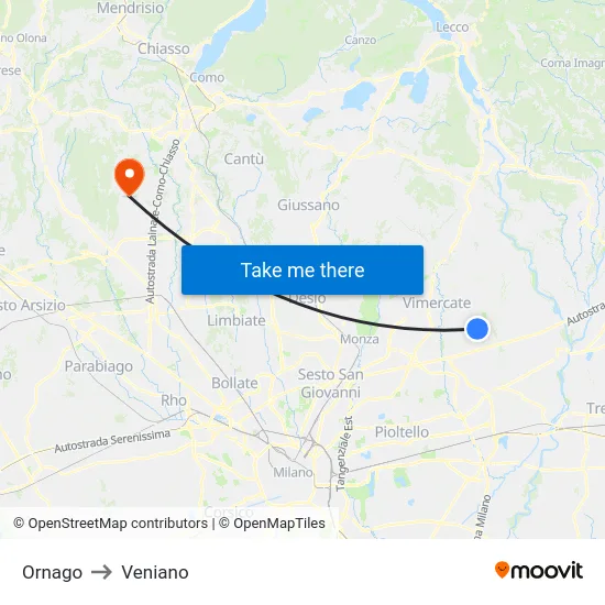 Ornago to Veniano map