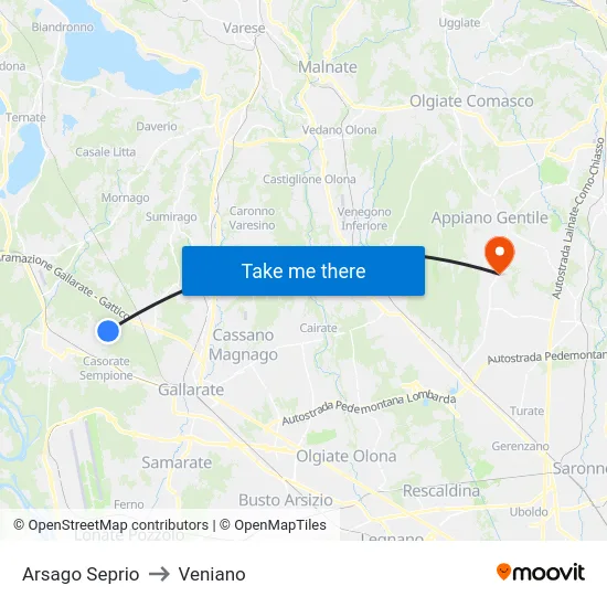 Arsago Seprio to Veniano map