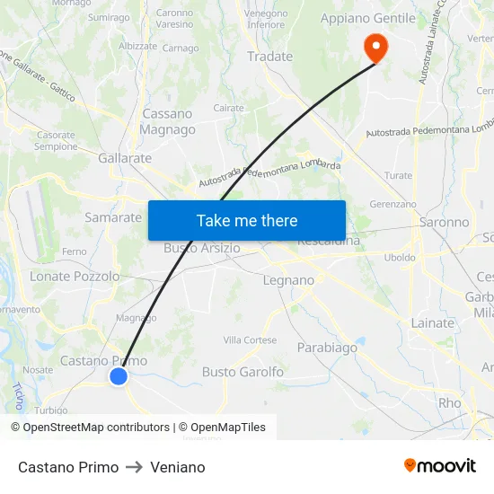 Castano Primo to Veniano map