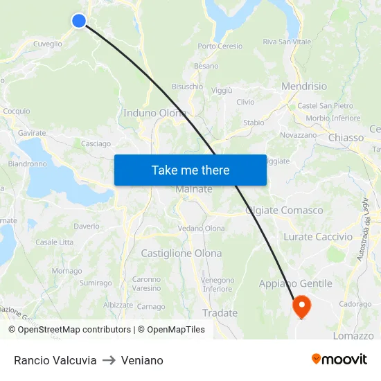 Rancio Valcuvia to Veniano map