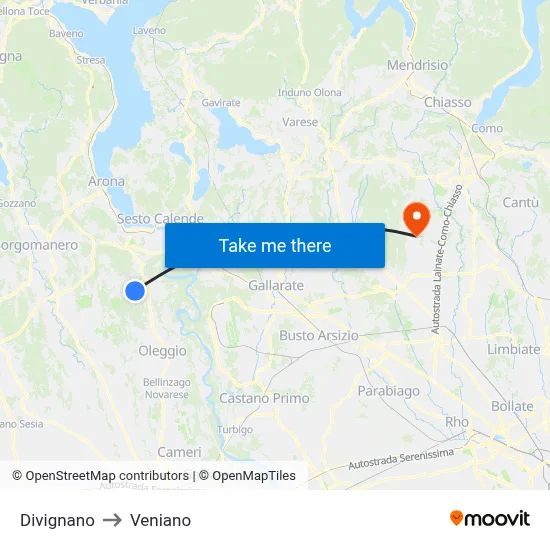 Divignano to Veniano map