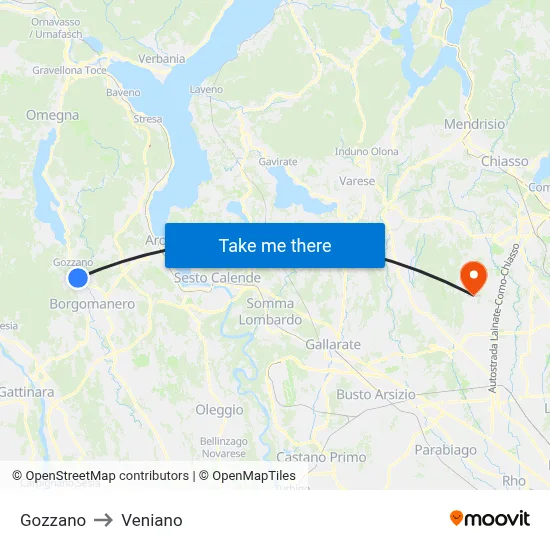 Gozzano to Veniano map