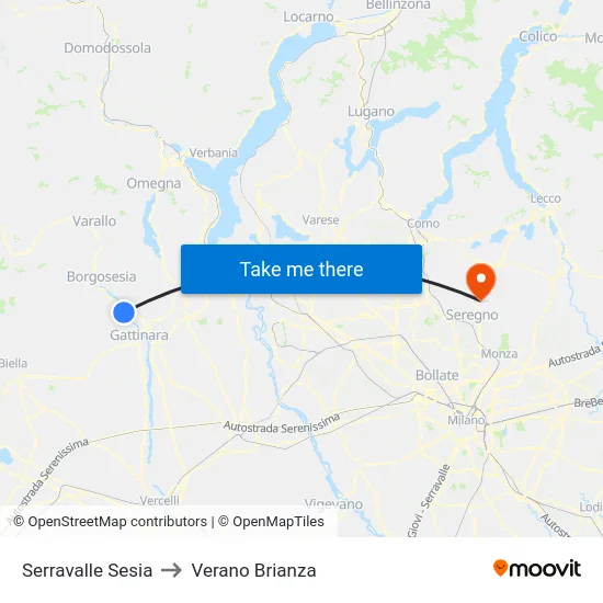 Serravalle Sesia to Verano Brianza map