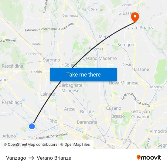 Vanzago to Verano Brianza map