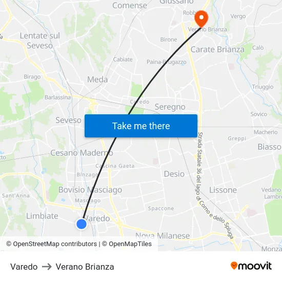 Varedo to Verano Brianza map