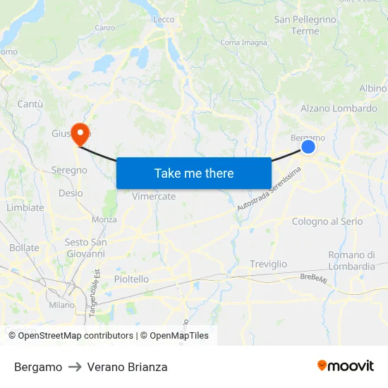 Bergamo to Verano Brianza map
