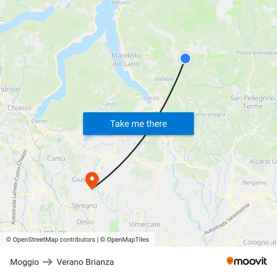 Moggio to Verano Brianza map