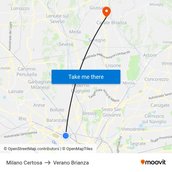 Milano Certosa to Verano Brianza map