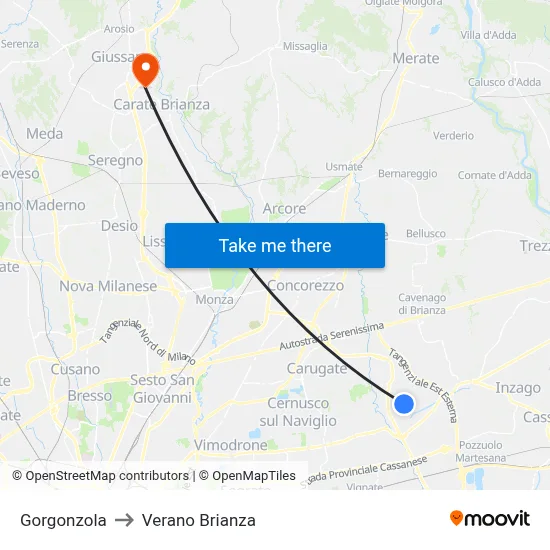 Gorgonzola to Verano Brianza map