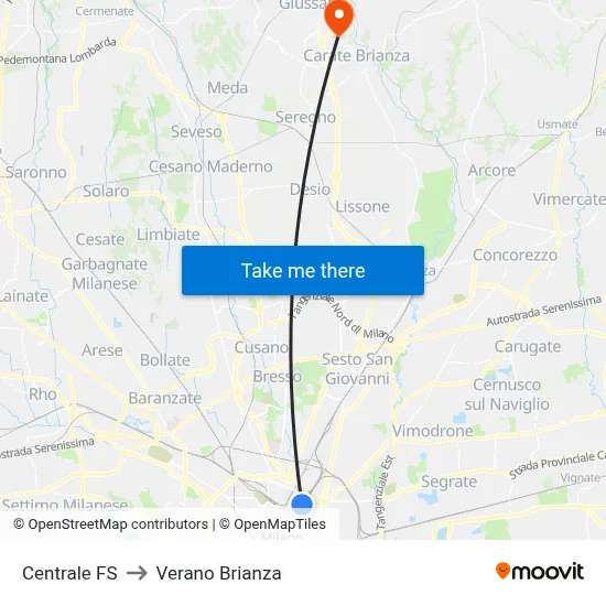 Centrale FS to Verano Brianza map