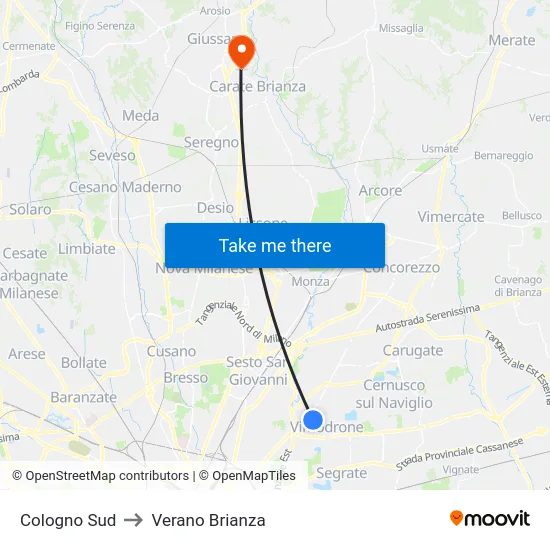 Cologno South to Verano Brianza map