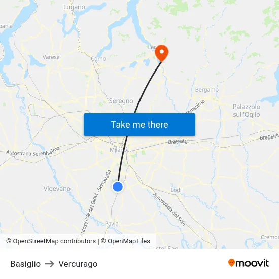 Basiglio to Vercurago map