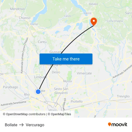 Bollate to Vercurago map