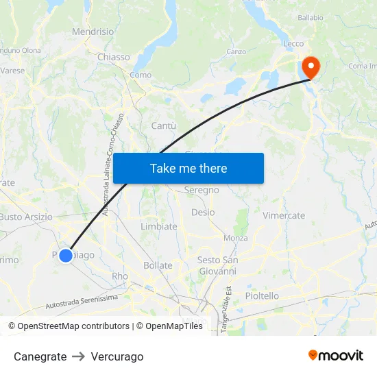 Canegrate to Vercurago map