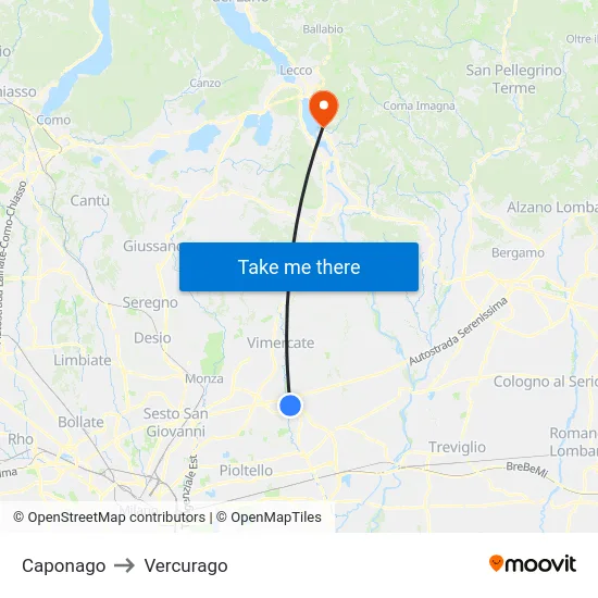 Caponago to Vercurago map