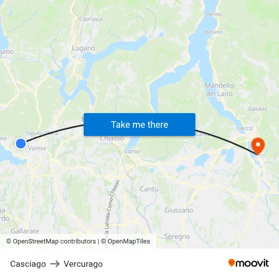 Casciago to Vercurago map
