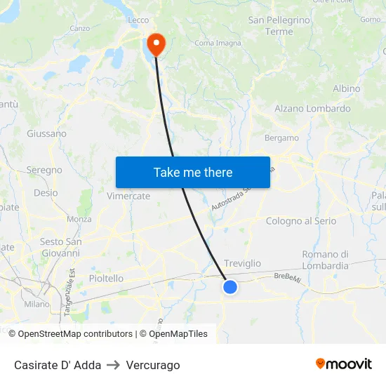 Casirate d'Adda to Vercurago map