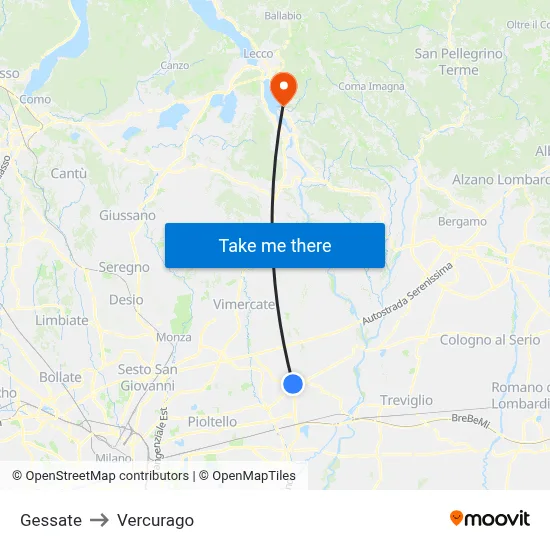 Gessate to Vercurago map